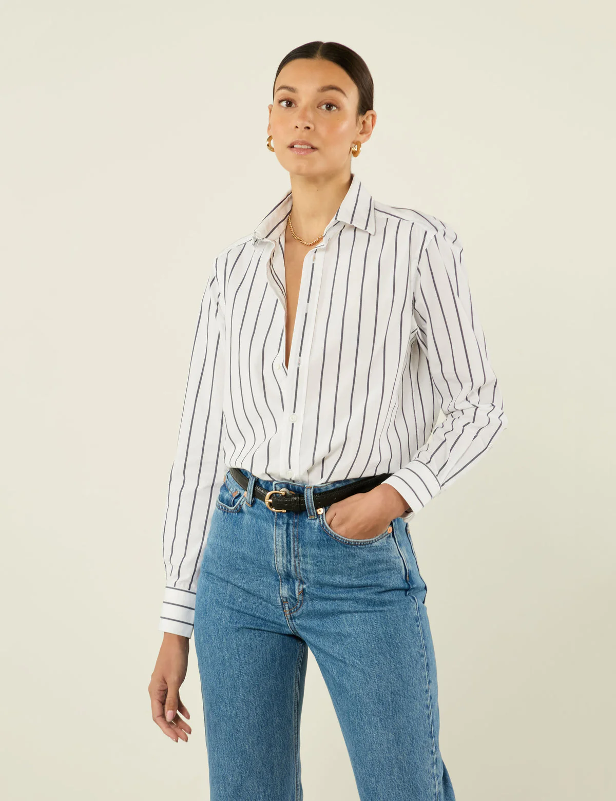 Boyfriend Fine Organic Cotton Striped Button Down Shirt in Royal Blue Stripe - Image 4