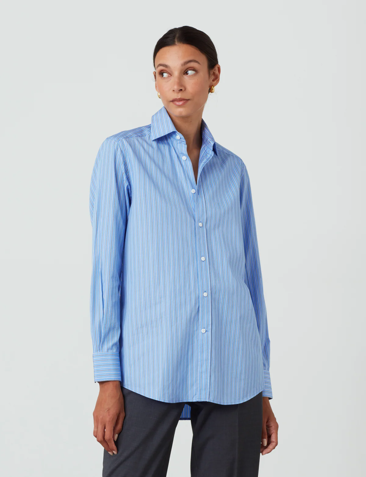Boyfriend Fine Organic Cotton Striped Button Down Shirt in Royal Blue Stripe - Image 6
