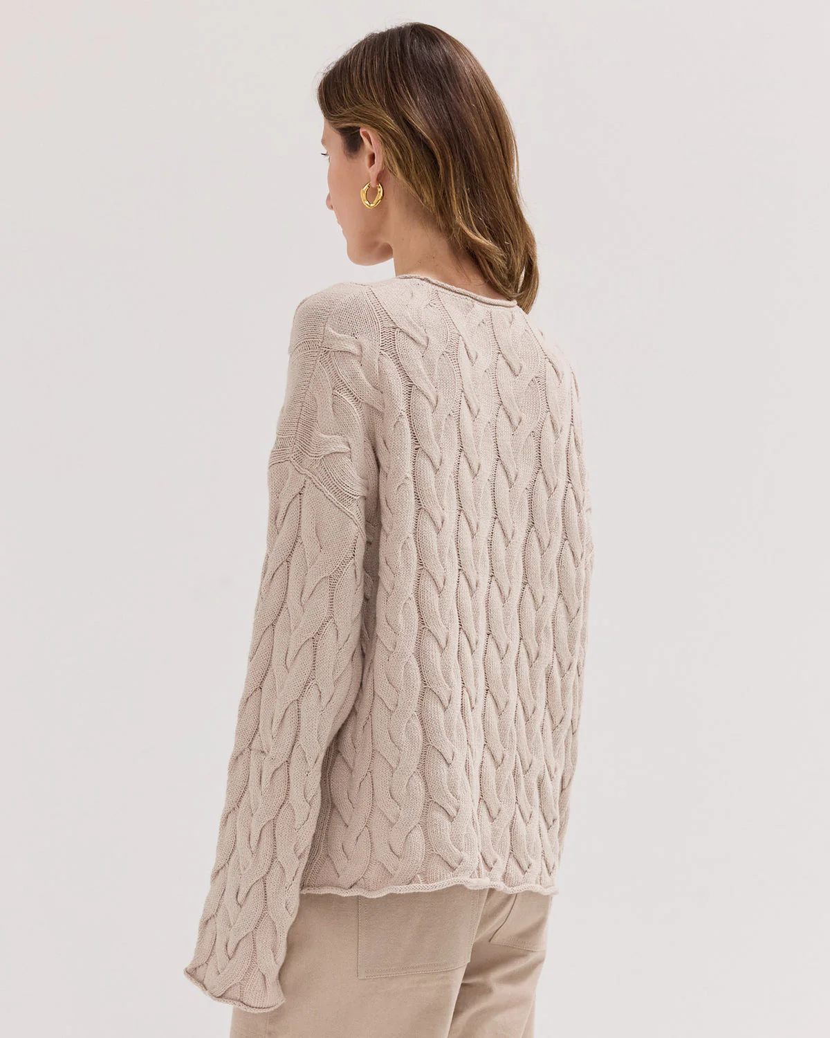 The Cable Knit  Organic Cotton and Cashmere Jumper | River Pebble Beige - Image 3